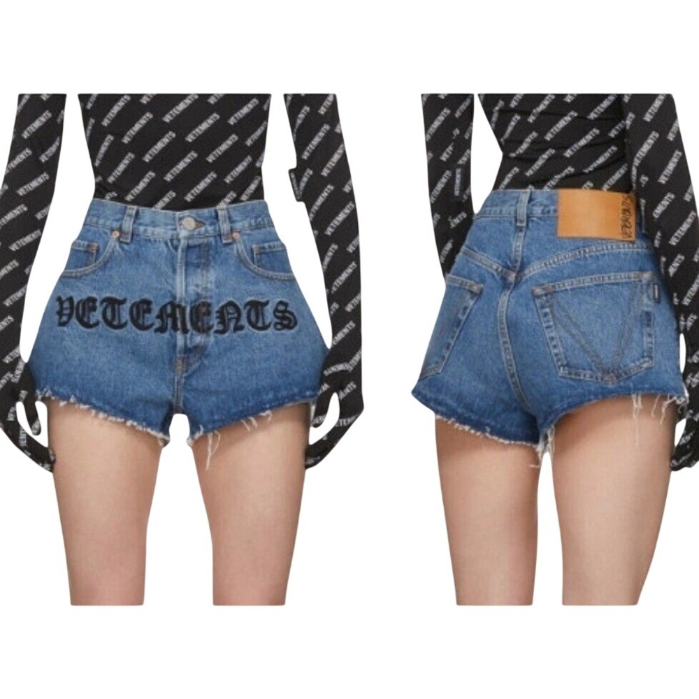 VETEMENTS Gothic Logo Blue Denim Shorts Raw edge cuffs Button-fly non stretch